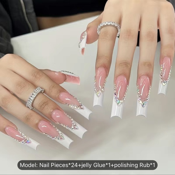 NEW: 24pcs Luxury Glossy Pink Press On, Extra Long Square Rhinestone Fake Nails - Picture 2 of 4